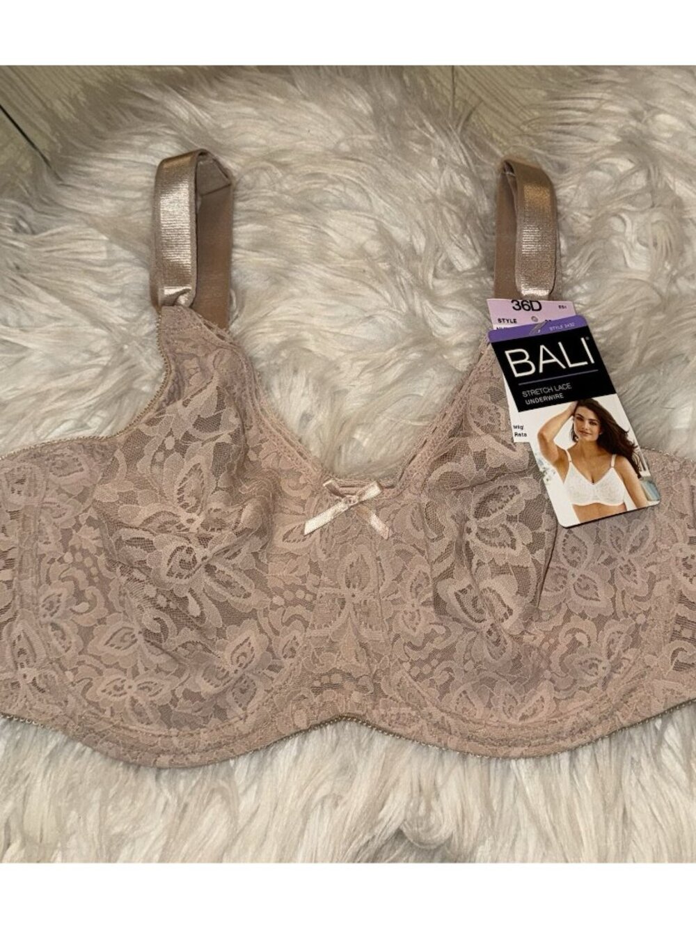 Bali 3432 Lace N Smooth Full Coverage Bra Underwire Sheer Womens 36D Beige New - Picture 3 of 6